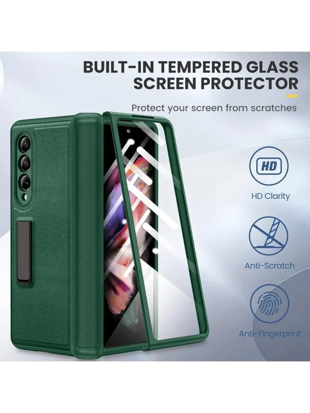 Ruky Samsung Galaxy Z Fold 3 Case Green Kickstand Screen Protector Hinge Cover